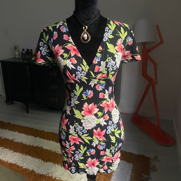 Vintage Betsey Johnson Size Medium Y2K 1990's Floral Mini Dress Black V Neck - Picture 1 of 10
